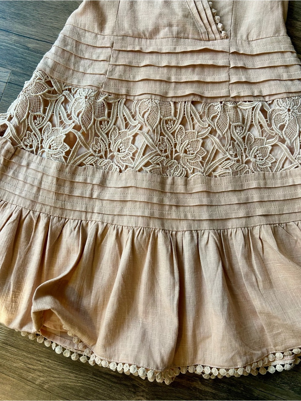 Selfie Leslie Lace & Pleated Spaghetti Strap Dress in Peachy Tan - Picture 2 of 5